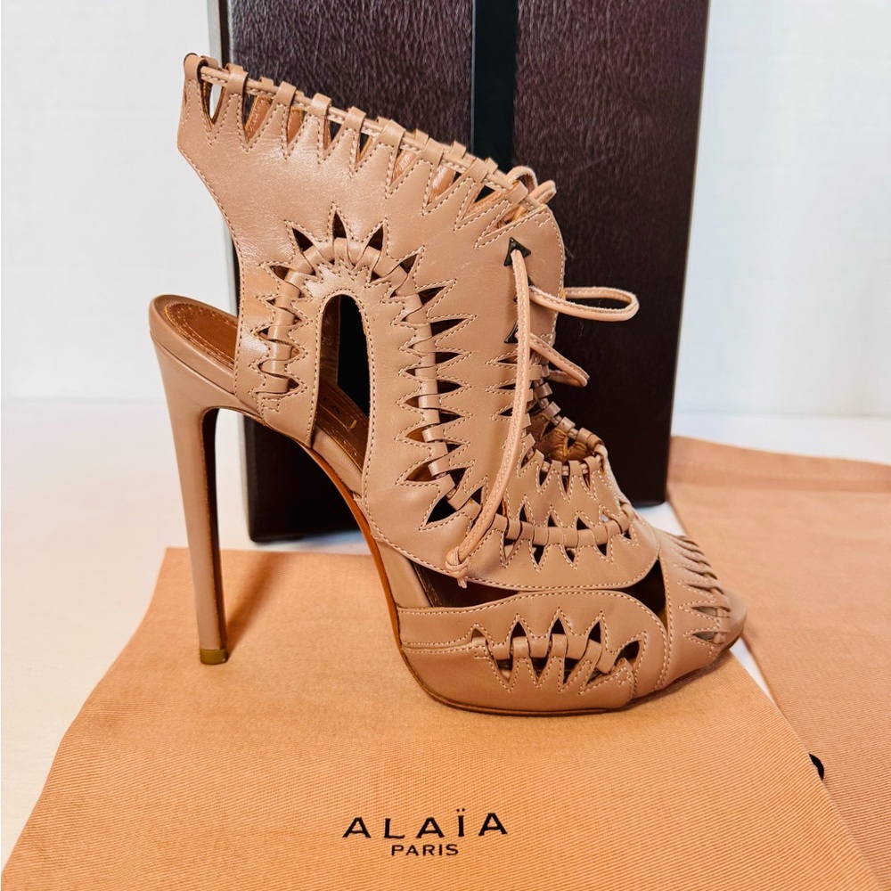 Alaia Intricate Tan Bootie Heels